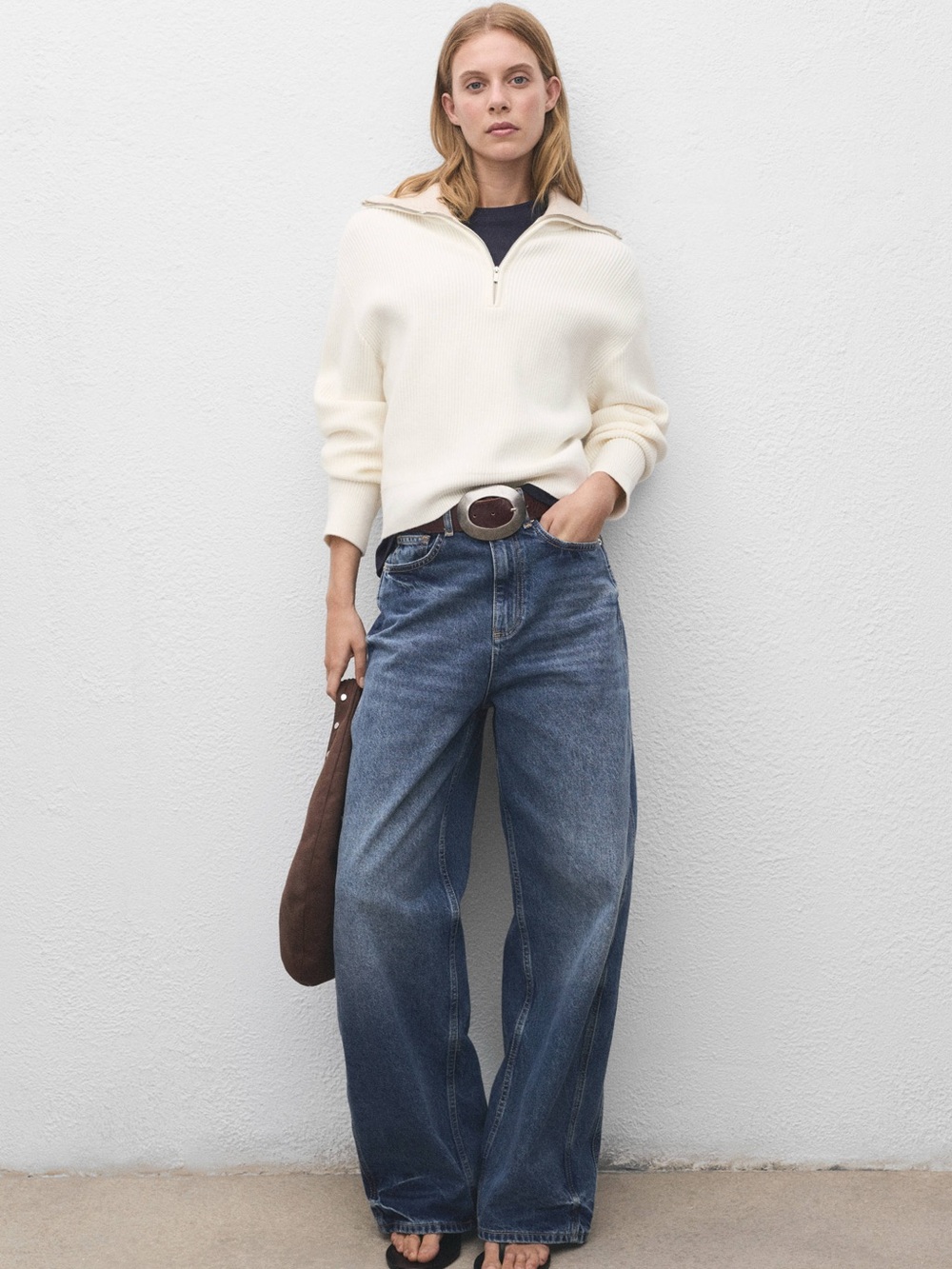 Mango Cream Half-Zip Turtleneck Sweater